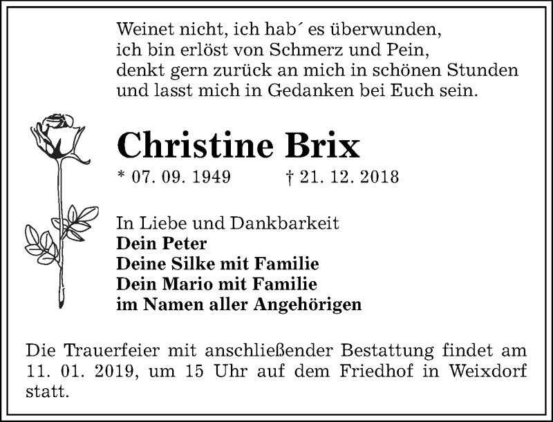  Traueranzeige für Christine Brix vom 29.12.2018 aus Dresdner Neue Nachrichten