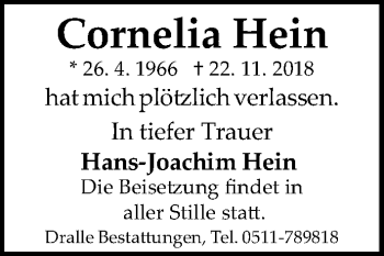 Traueranzeige von Cornelia Hein von Hannoversche Allgemeine Zeitung/Neue Presse