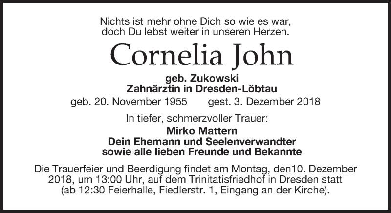  Traueranzeige für Cornelia John vom 06.12.2018 aus Dresdner Neue Nachrichten