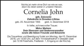 Traueranzeige von Cornelia John von Dresdner Neue Nachrichten