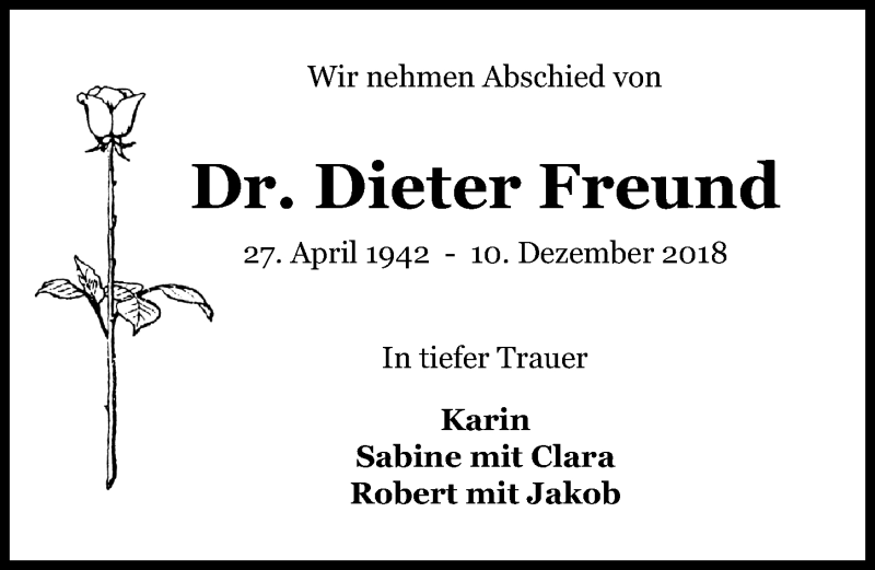  Traueranzeige für Dieter Freund vom 22.12.2018 aus Märkischen Allgemeine Zeitung
