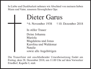 Traueranzeige von Dieter Garus von Lübecker Nachrichten