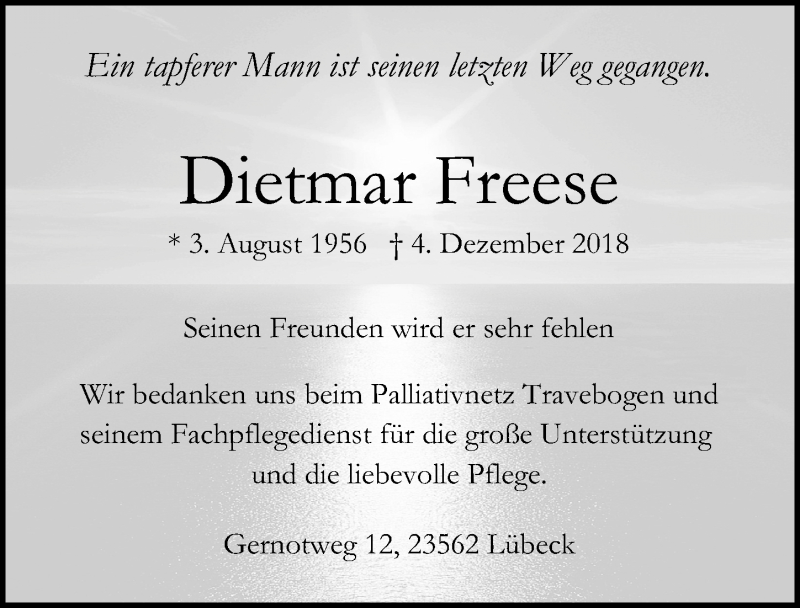  Traueranzeige für Dietmar Freese vom 09.12.2018 aus Lübecker Nachrichten