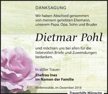 Traueranzeige von Dietmar Pohl von Leipziger Volkszeitung