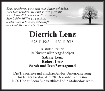 Traueranzeige von Dietrich Lenz von Märkischen Allgemeine Zeitung