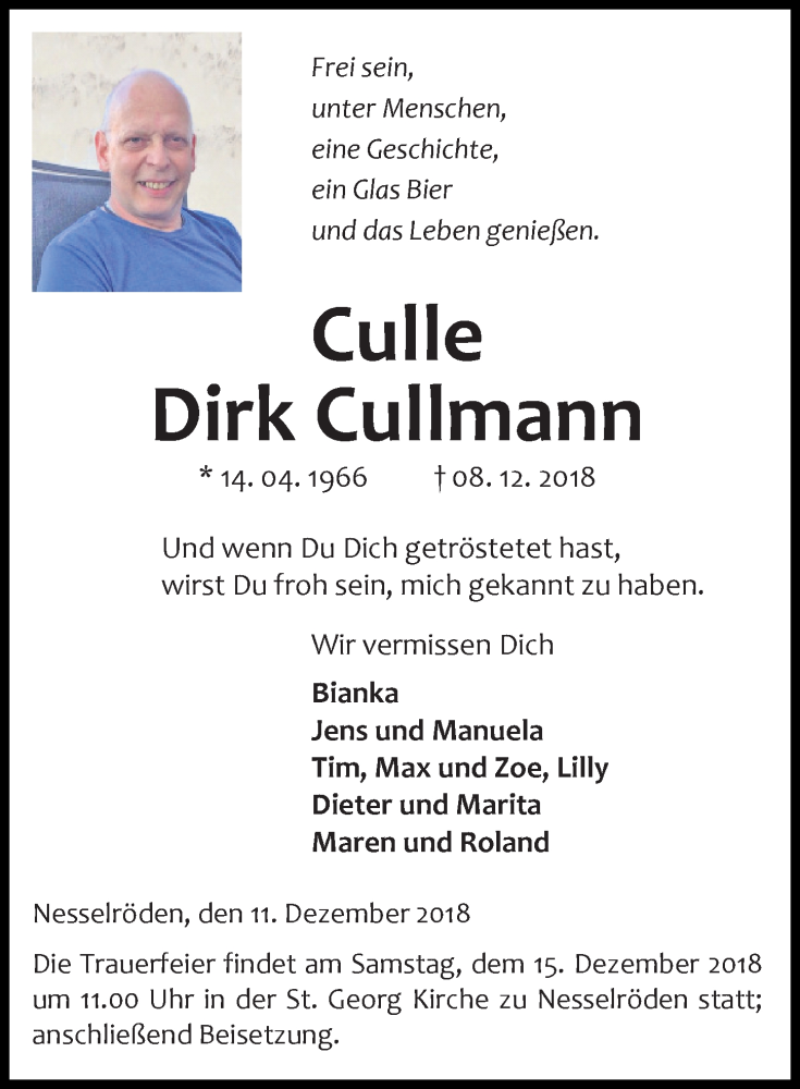  Traueranzeige für Dirk Cullmann vom 11.12.2018 aus Göttinger Tageblatt