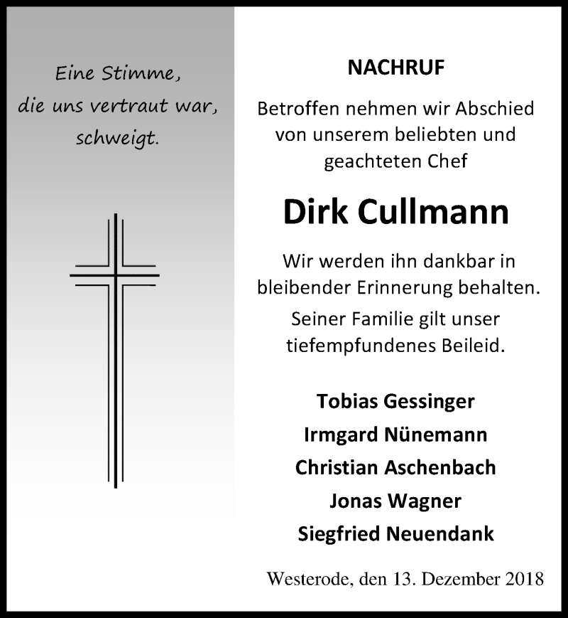  Traueranzeige für Dirk Cullmann vom 13.12.2018 aus Eichsfelder Tageblatt