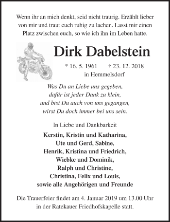 Traueranzeige von Dirk Dabelstein von Lübecker Nachrichten