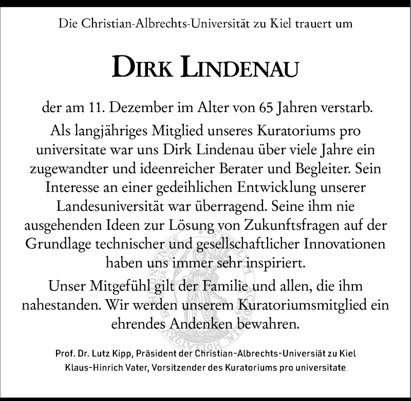  Traueranzeige für Dirk Lindenau vom 22.12.2018 aus Kieler Nachrichten