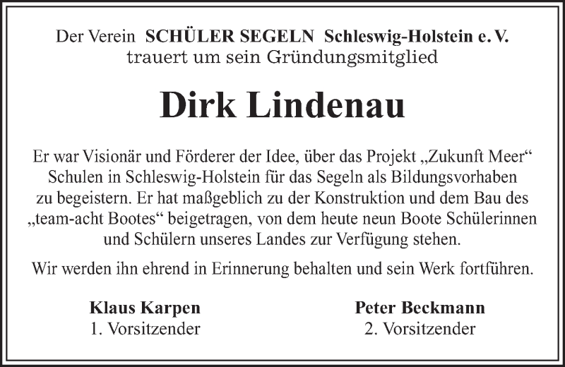  Traueranzeige für Dirk Lindenau vom 22.12.2018 aus Kieler Nachrichten