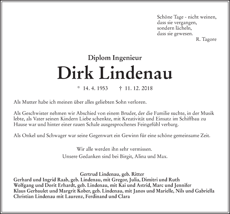  Traueranzeige für Dirk Lindenau vom 15.12.2018 aus Kieler Nachrichten
