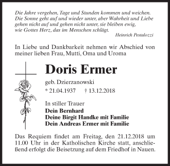 Traueranzeige von Doris Ermer von Märkischen Allgemeine Zeitung