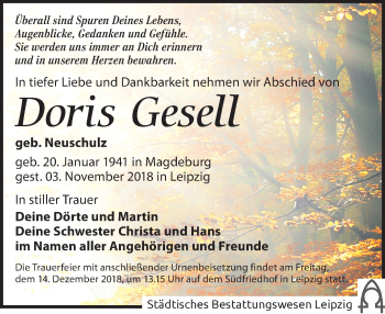Traueranzeige von Doris Gesell von Leipziger Volkszeitung