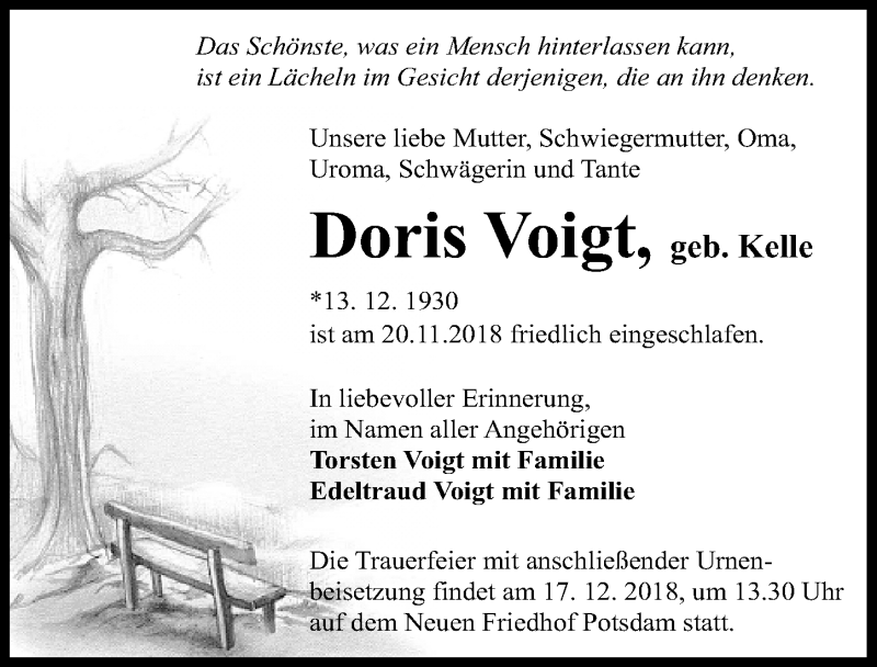 Traueranzeige für Doris Voigt vom 08.12.2018 aus Märkischen Allgemeine Zeitung