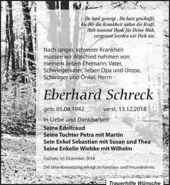 Traueranzeige von Eberhard Schreck von Leipziger Volkszeitung