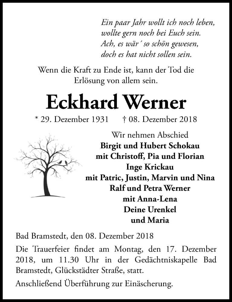  Traueranzeige für Eckhard Werner vom 11.12.2018 aus Kieler Nachrichten