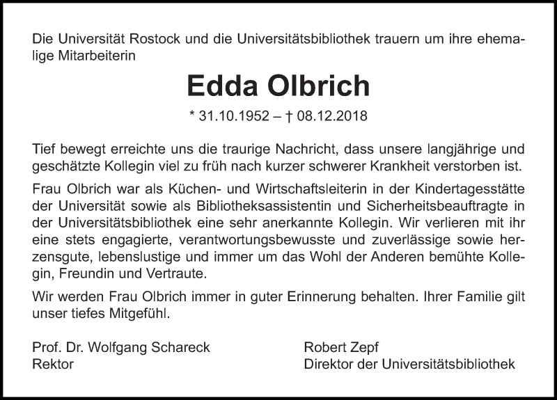 Traueranzeige für Edda Olbrich vom 22.12.2018 aus Ostsee-Zeitung GmbH
