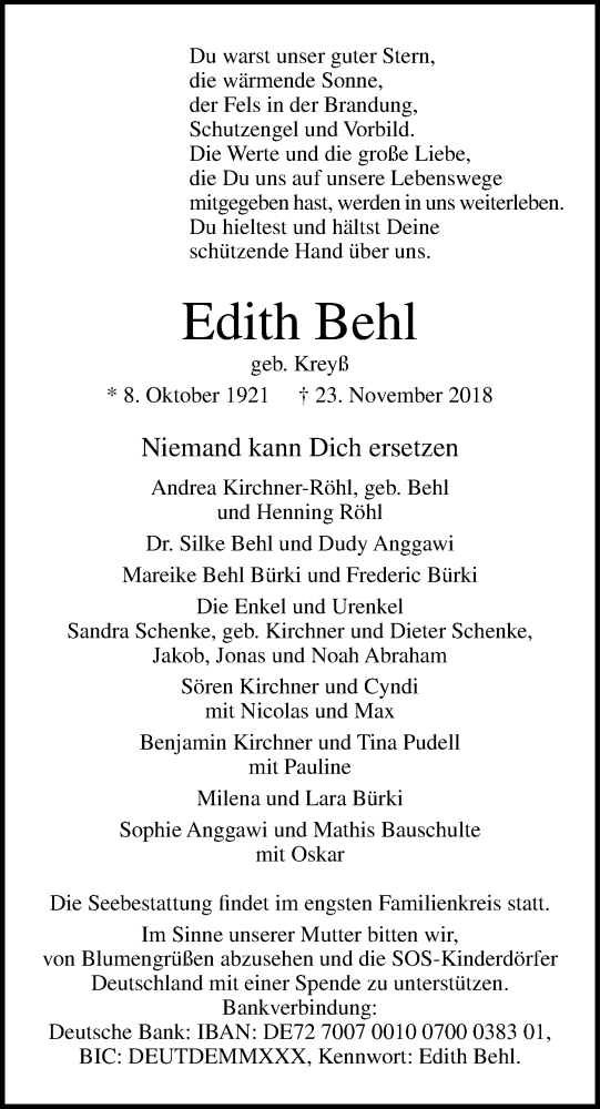  Traueranzeige für Edith Behl vom 02.12.2018 aus Lübecker Nachrichten