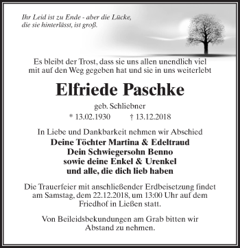 Traueranzeige von Elfriede Paschke von Märkischen Allgemeine Zeitung