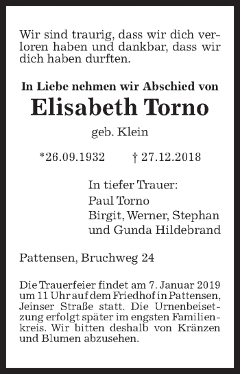 Traueranzeige von Elisabeth Torno von Hannoversche Allgemeine Zeitung/Neue Presse