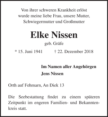Traueranzeige von Elke Nissen von Lübecker Nachrichten