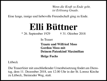 Traueranzeige von Elli Büttner von Lübecker Nachrichten