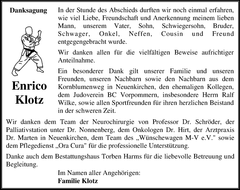 Traueranzeige für Enrico Klotz vom 08.12.2018 aus Ostsee-Zeitung GmbH