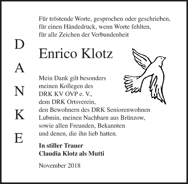  Traueranzeige für Enrico Klotz vom 08.12.2018 aus Ostsee-Zeitung GmbH