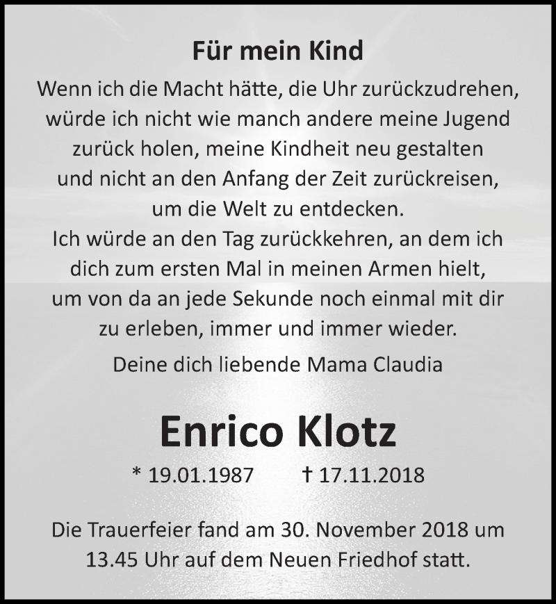 Traueranzeige für Enrico Klotz vom 01.12.2018 aus Ostsee-Zeitung GmbH