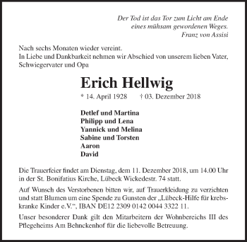 Traueranzeige von Erich Hellwig von Lübecker Nachrichten