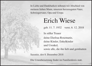 Traueranzeige von Erich Wiese von Ostsee-Zeitung GmbH