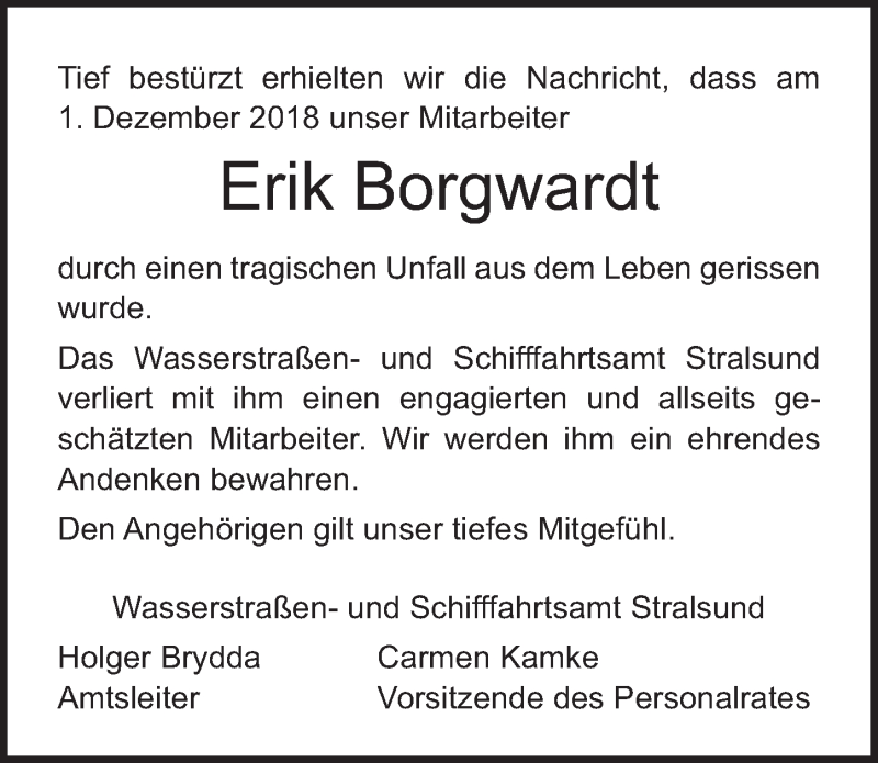 Traueranzeige für Erik Borgwardt vom 08.12.2018 aus Ostsee-Zeitung GmbH