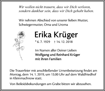 Traueranzeige von Erika Krüger von Märkischen Allgemeine Zeitung