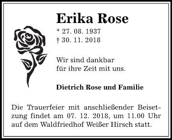 Traueranzeige von Erika Rose von Dresdner Neue Nachrichten