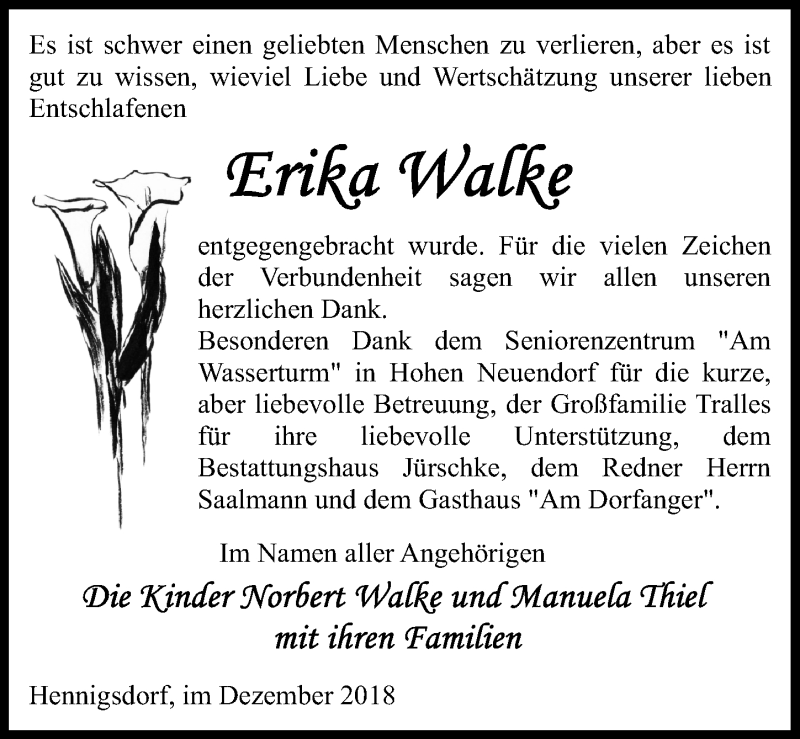  Traueranzeige für Erika Walke vom 22.12.2018 aus Märkischen Allgemeine Zeitung