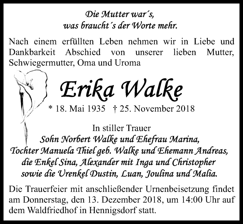  Traueranzeige für Erika Walke vom 01.12.2018 aus Märkischen Allgemeine Zeitung