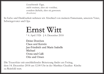 Traueranzeige von Ernst Witt von Lübecker Nachrichten