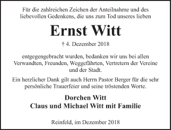 Traueranzeige von Ernst Witt von Lübecker Nachrichten