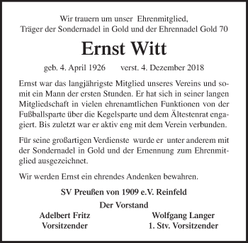 Traueranzeige von Ernst Witt von Lübecker Nachrichten