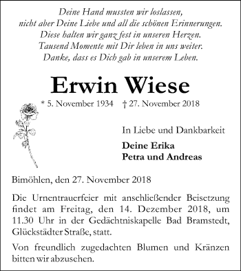 Traueranzeige von Erwin Wiese von Kieler Nachrichten