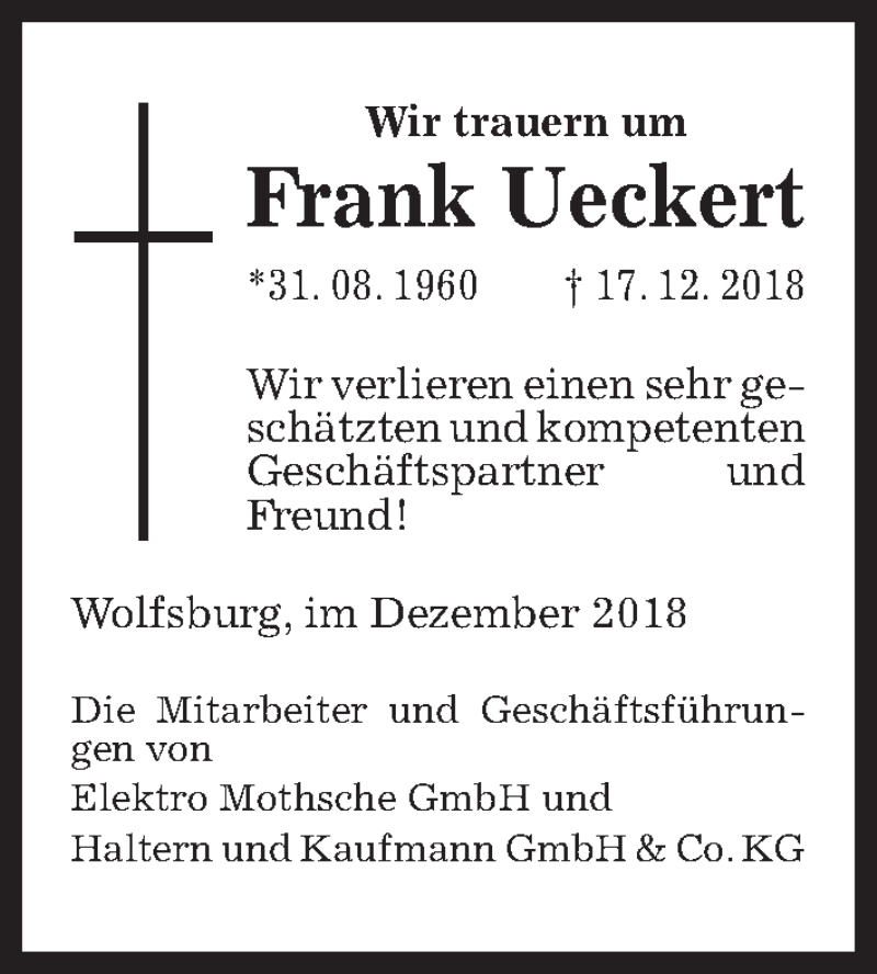 Traueranzeige für Frank Ueckert vom 28.12.2018 aus Aller Zeitung