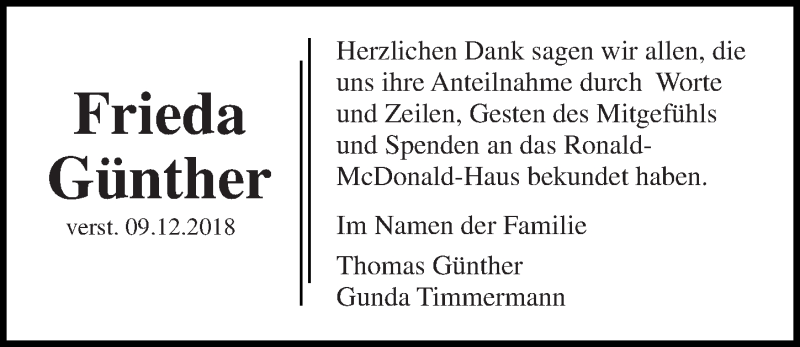  Traueranzeige für Frieda Günther vom 30.12.2018 aus Lübecker Nachrichten