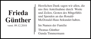 Traueranzeige von Frieda Günther von Lübecker Nachrichten