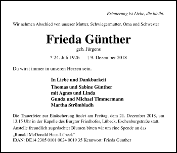 Traueranzeige von Frieda Günther von Lübecker Nachrichten