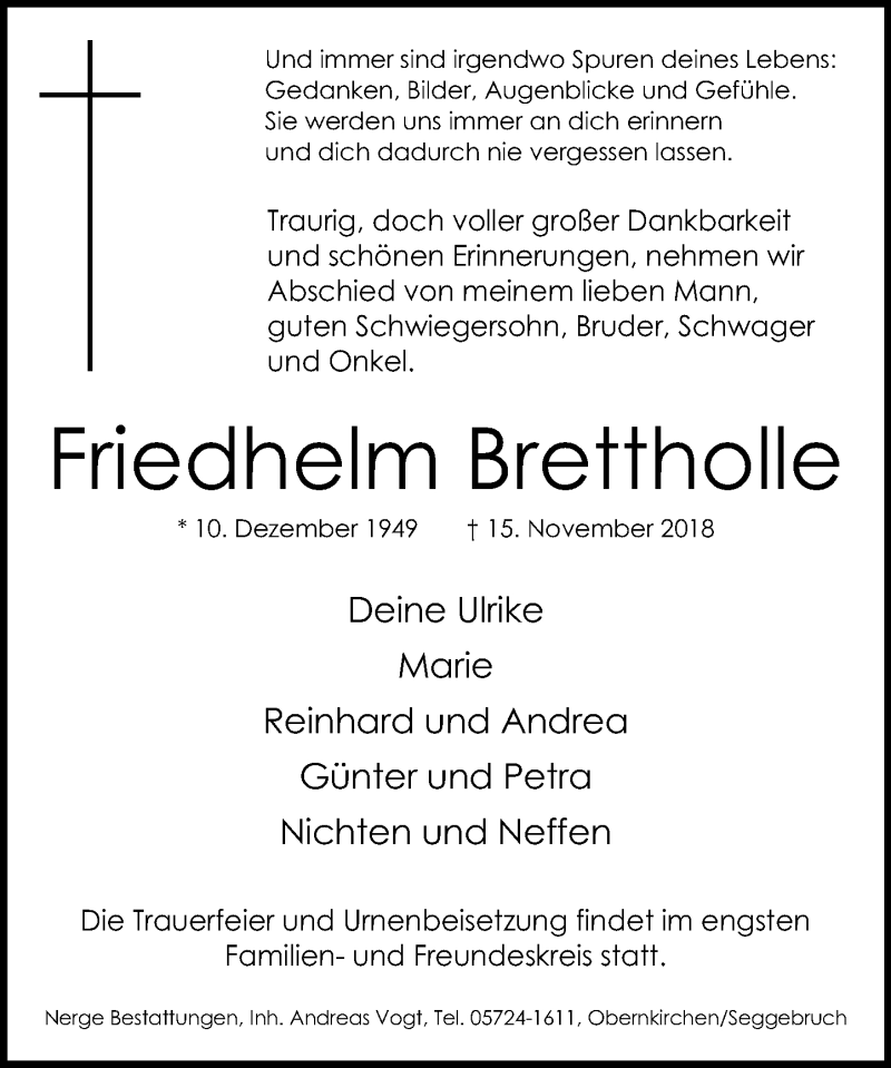  Traueranzeige für Friedhelm Brettholle vom 24.11.2018 aus Schaumburger Nachrichten