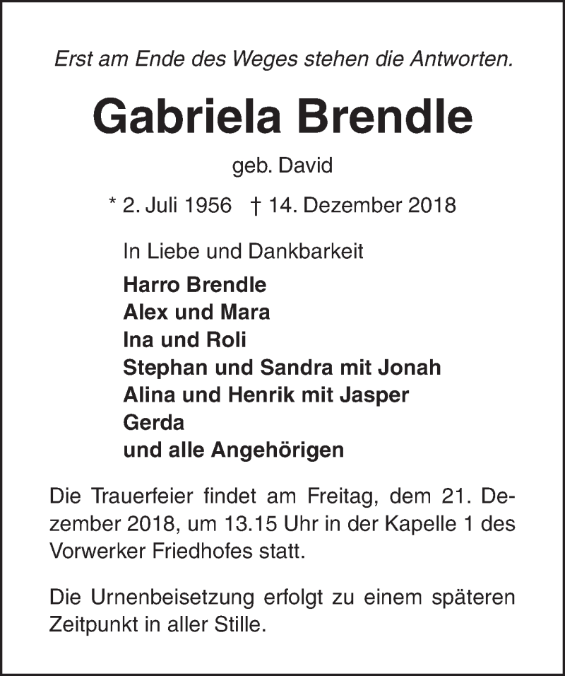  Traueranzeige für Gabriela Brendle vom 19.12.2018 aus Lübecker Nachrichten