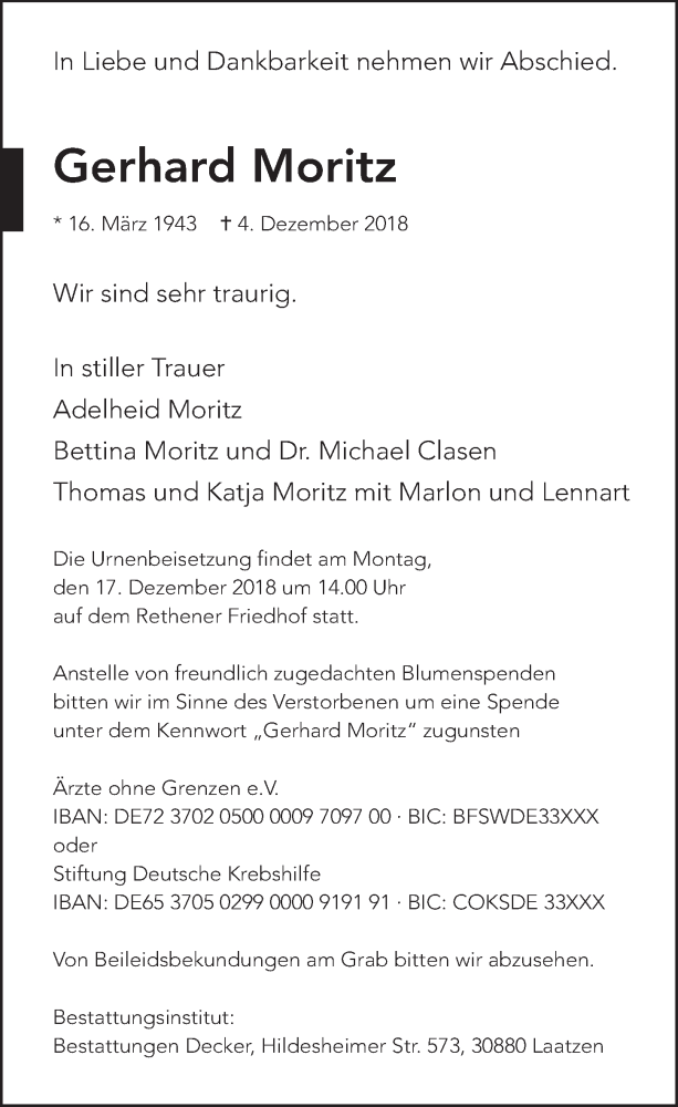  Traueranzeige für Gerhard Moritz vom 12.12.2018 aus Hannoversche Allgemeine Zeitung/Neue Presse