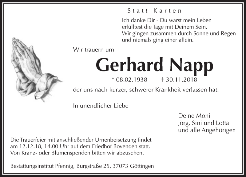  Traueranzeige für Gerhard Napp vom 08.12.2018 aus Göttinger Tageblatt