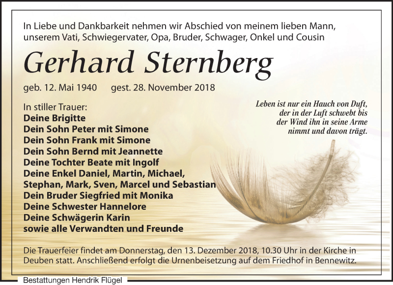  Traueranzeige für Gerhard Sternberg vom 01.12.2018 aus Leipziger Volkszeitung