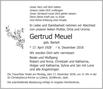Traueranzeige von Gertrud Meuel von Lübecker Nachrichten